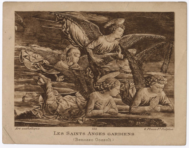 Les Saints Anges Gardiens (Benozzo Gozzoli). Souvenir de ma réception d'Enfant des Saints Anges le 2 juillet 1922. Signé : T. Patin