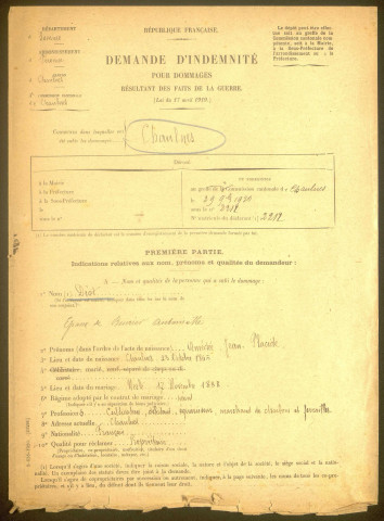 Chaulnes. Demande d'indemnisation des dommages de guerre : dossier Diot-Beurier