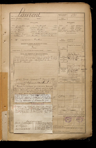 Laurent, Gaston Alexis, né le 17 juillet 1875 à Authieule (Somme), classe 1895, matricule n° 135, Bureau de recrutement d'Abbeville