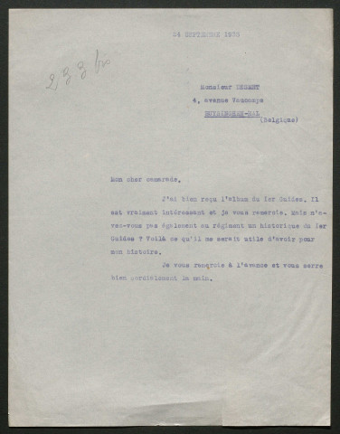 Témoignage de Desmet, Maurice et correspondance avec Jacques Péricard