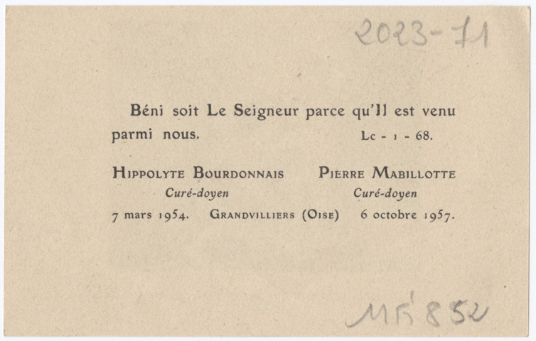 L'Enfant Jésus et Saint Jean-Baptiste. Béni le Seigneur parce qu'il est venu parmi nous. Hippolyte Bourdonnais, curé-doyen, 7 mars 1954 – Pierre Mabillotte, curé-doyen, 6 octobre 1957, Grandvilliers (Oise)