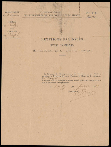 Table des successions et absences du bureau de Conty
