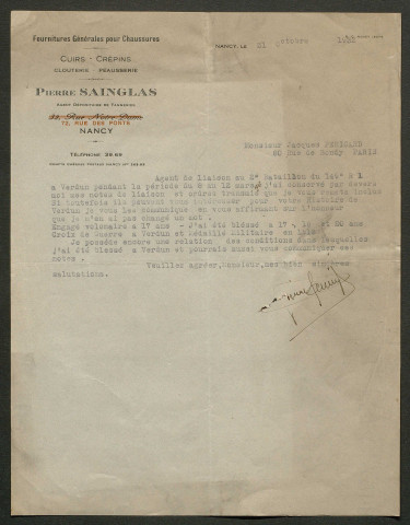 Témoignage de Sainglas, Pierre (Caporal) et correspondance avec Jacques Péricard