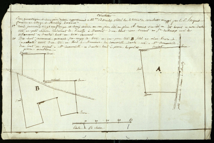 Cornehotte. Plan géométrique de deux pièces de terre appartenant à Mlle Descauler situées sur le terroir de Cornehotte occupées par le S. Hecquet fermier au village de Brailly [...]