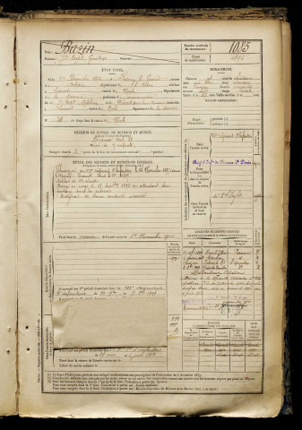 Bazin, Jean Baptiste Gustave, né le 27 décembre 1876 à Fresnoy-le-Grand (Aisne), classe 1896, matricule n° 1085, Bureau de recrutement de Péronne