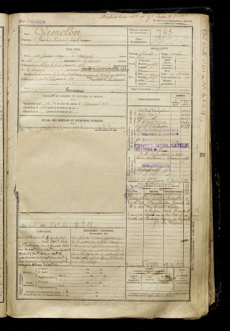 Gamelon, Gustave François Joseph, né le 10 janvier 1897 à Amiens (Somme), classe 1917, matricule n° 745, Bureau de recrutement d'Amiens