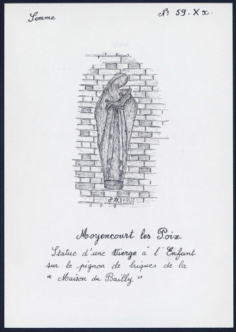 Moyencourt-les-Poix : statue d'une vierge à l'enfant dur le pignon en briques de la Maison du Bailly - (Reproduction interdite sans autorisation - © Claude Piette)