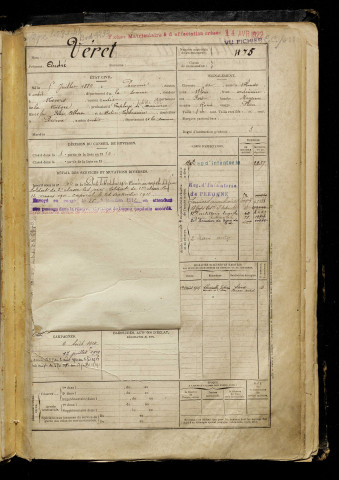 Véret, André, né le 05 juillet 1889 à Péronne (Somme), classe 1909, matricule n° 475, Bureau de recrutement de Péronne