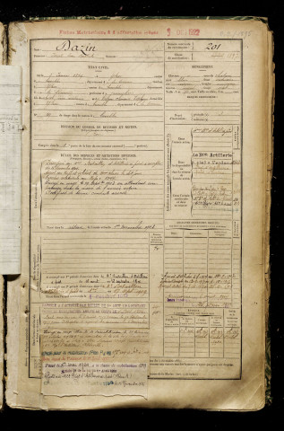 Dazin, Joseph Pierre Baptiste, né le 05 janvier 1879 à Ytres (Pas-de-Calais), classe 1899, matricule n° 201, Bureau de recrutement de Péronne