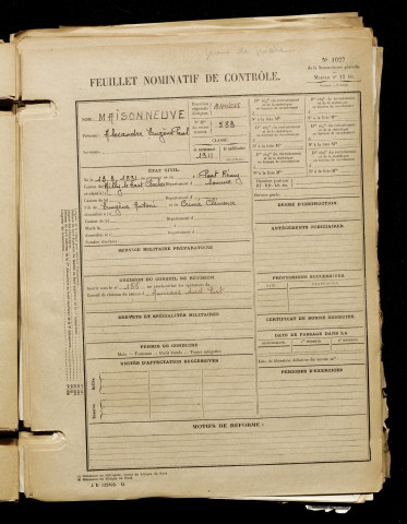 Maisonneuve, Alexandre Eugène Paul, né le 13 mars 1891 à Pont-Remy (Somme), classe 1911, matricule n° 583, Bureau de recrutement d'Amiens