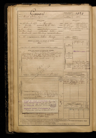 Gossart, Renaud Bélisaire Auguste, né le 28 novembre 1872 à Guémappe (Pas-de-Calais), classe 1892, matricule n° 1070, Bureau de recrutement d'Amiens