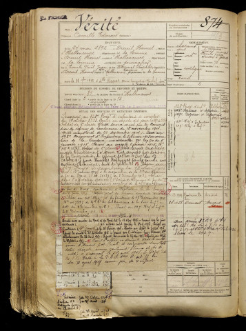 Vérité, Camille Edouard, né le 24 mai 1892 à Airaines (Somme), classe 1912, matricule n° 874, Bureau de recrutement d'Abbeville