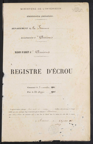 Maison d'arrêt d'Amiens. Arrêt. Registre d'écrou : numéros 1 à 903. 03 novembre 1903 - 30 mai 1905