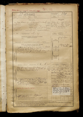 Warnier, Joseph Arthur Ulysse, né le 08 août 1877 à Avrechy (Oise), classe 1897, matricule n° 339, Bureau de recrutement de Péronne