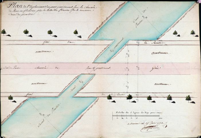 Plan de l'emplacement d'un pont provisionnel pour la chaussée de Paris en Flandres près la ville de Péronne sur le nouveau canal de Picardie