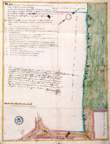 Plan figuratif de la haye faisant séparation du manoir ou enclos du sieur de lessart et du marais d'Aubigny