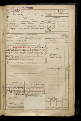Jubé, Louis Adrien, né le 07 août 1892 à Cartigny (Somme), classe 1912, matricule n° 497, Bureau de recrutement de Péronne
