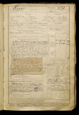 Hoyer, Georges Henri, né le 15 juillet 1883 à Amiens (Somme), classe 1903, matricule n° 1179, Bureau de recrutement d'Amiens