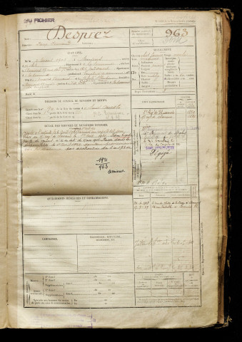 Desprez, Pierre Fernand, né le 02 mars 1901 à Amiens (Somme), classe 1921, matricule n° 963, Bureau de recrutement d'Amiens