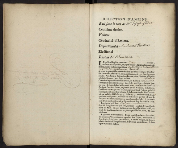 Centième denier du bureau de Chaulnes pour la période du 16 avril 1756 au 22 février 1759