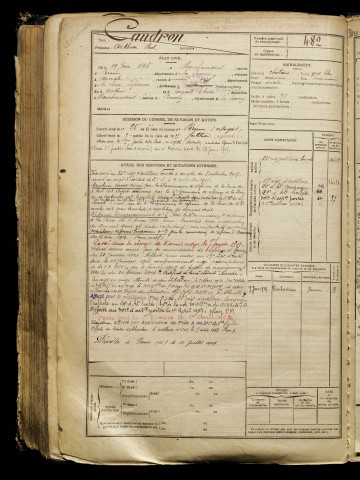 Caudron, Arthur Paul, né le 19 juin 1896 à Bouchavesnes-Bergen (Somme), classe 1916, matricule n° 482, Bureau de recrutement de Péronne