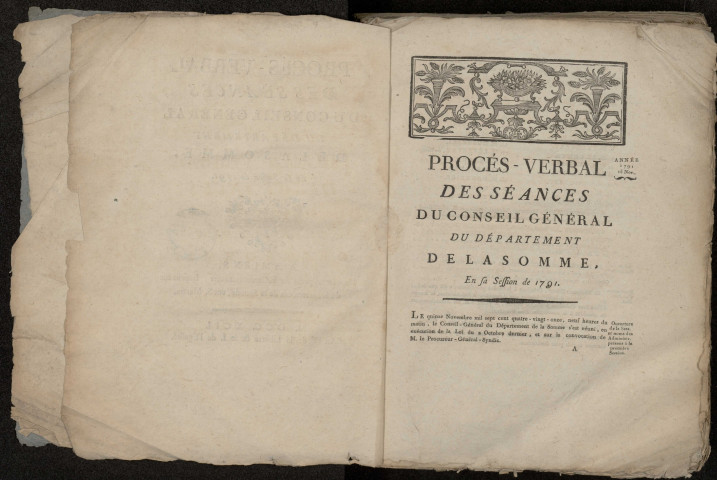 Délibérations du conseil du département : « Procès-verbal des séances du conseil général du département de la Somme en sa session de 1791. » (Double de L 71)