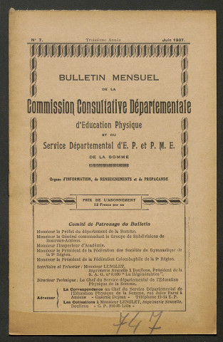Bulletin mensuel de la Commission Consultative d'Education Physique et du Service Départemental d'Education Physique et Préparation Militaire Elémentaire de la Somme, numéro 7 (3e année)