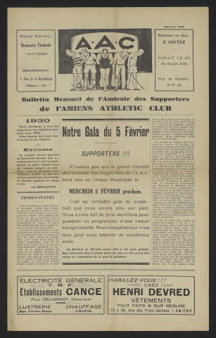 Bulletin mensuel de l'amicale des supporters de l'Amiens Athlétic Club (nouvelle édition) - Saison 1929-1930