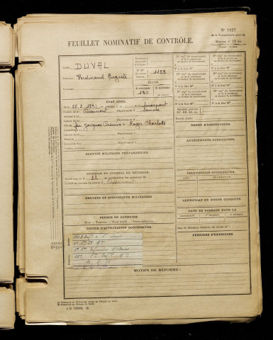 Duval, Ferdinand Auguste, né le 26 février 1891 à Senarpont (Somme), classe 1911, matricule n° 1189, Bureau de recrutement d'Amiens