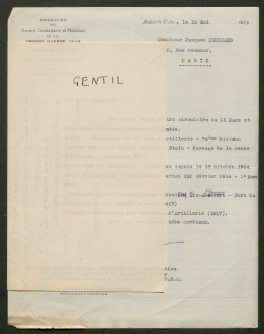 Témoignage de Gentil, Gaston (Lieutenant) et correspondance avec Jacques Péricard