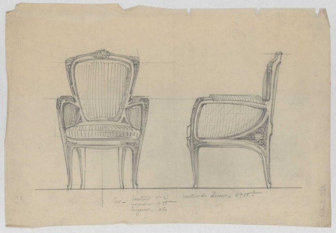 Fauteuils, de face, de profil et de haut, du Grand Salon de l'Hôtel Bouctot-Vagniez