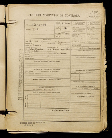 Filachet, René, né le 27 mars 1898 à Fargniers (Aisne), classe 1918, matricule n° 220, Bureau de recrutement d'Amiens