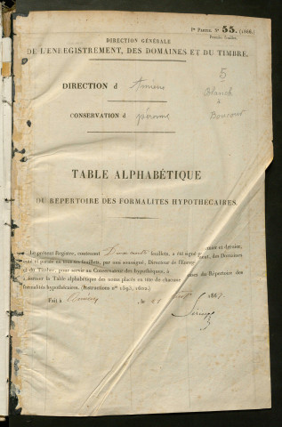 Table du répertoire des formalités, de Blanchard à Boucourt, registre n° 5 (Péronne)