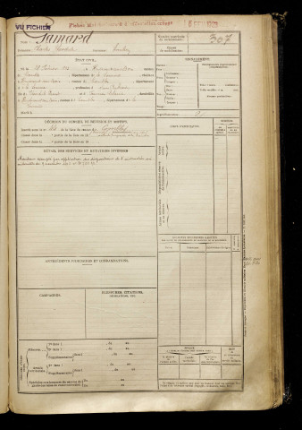 Gamard, Charles Théodule, né le 28 février 1893 à Hardecourt-aux-Bois (Somme), classe 1913, matricule n° 307, Bureau de recrutement de Péronne