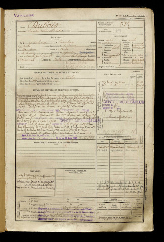 Dubois, Alexandre Arthur Alfred Sosthène, né le 15 avril 1897 à Marcelcave (Somme), classe 1917, matricule n° 587, Bureau de recrutement d'Amiens