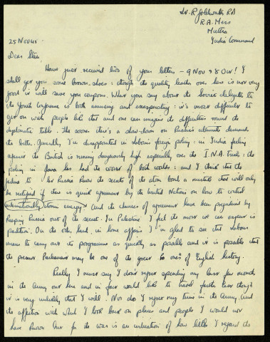 Lt R. Goldwater RA, RA Mess MUTTRA, India Command, 25 Nov. 45 : lettre de Raymond Goldwater à son frère Stan