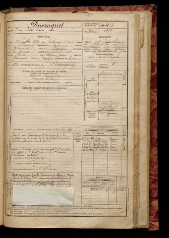 Ducroquet, Victor Aristide Désiré, né le 21 juillet 1870 à Bettencourt-Saint-Ouen (Somme), classe 1890, matricule n° 423, Bureau de recrutement d'Amiens
