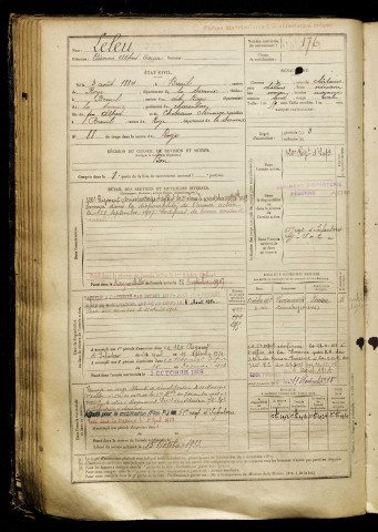 Leleu, Etienne Alfred Oscar, né le 03 août 1884 à Breuil (Somme), classe 1904, matricule n° 176, Bureau de recrutement de Péronne