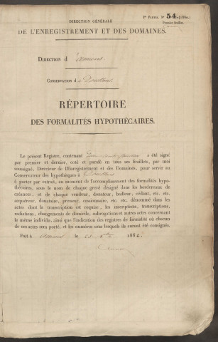 Répertoire des formalités hypothécaires, du 24/09/1863 au 08/02/1864, volume n° 105 (Conservation des hypothèques de Doullens)