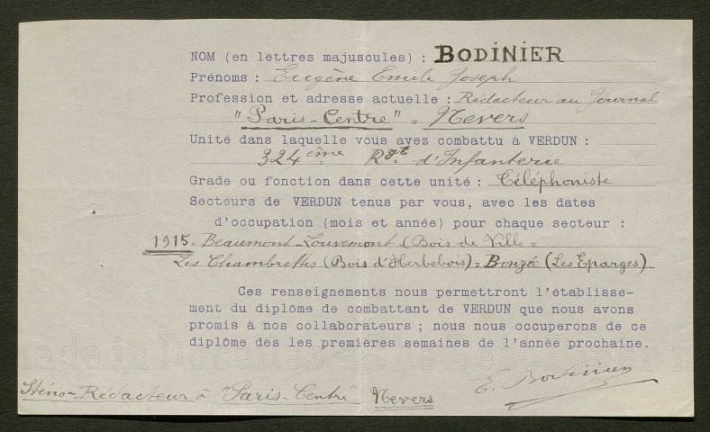 Témoignage de Bodinier, Eugène et correspondance avec Jacques Péricard