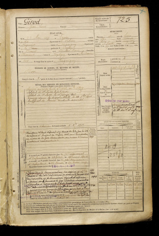 Girod, Jean Louis, né le 22 mai 1877 à Lyon (Rhône), classe 1897, matricule n° 725, Bureau de recrutement d'Amiens