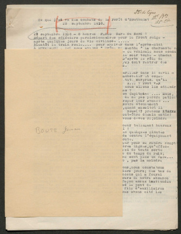 Témoignage de Boute, Germain (Capitaine) et correspondance avec Jacques Péricard