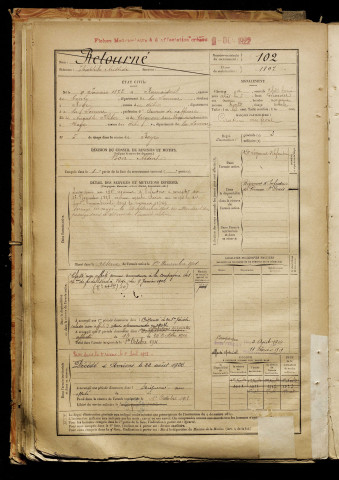 Retourné, Théophile Aristide, né le 09 janvier 1877 à Rumaisnil (Somme), classe 1897, matricule n° 102, Bureau de recrutement de Péronne