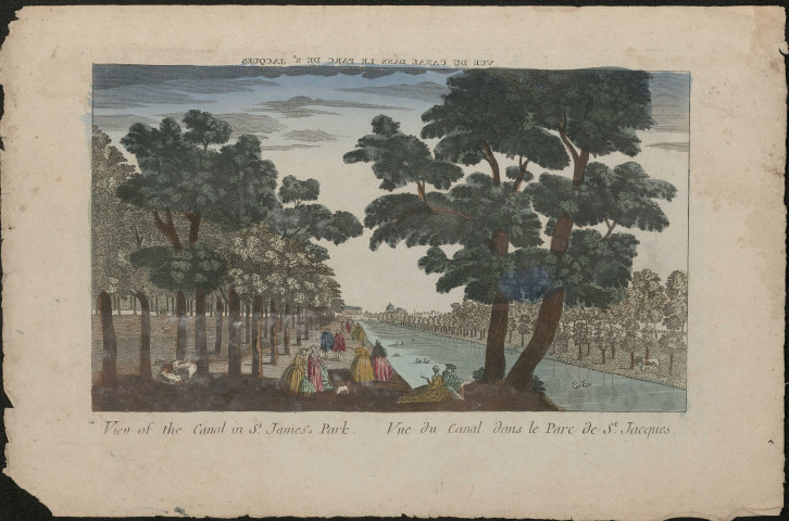 View of the Canal in St. James's Park - Vue sur le canal dans le parc Saint-Jacques, Londres, illustration du XVIIIe siècle par Basset