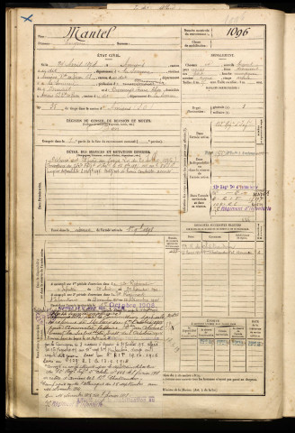 Mantel, Eugène, né le 29 avril 1874 à Amiens (Somme), classe 1894, matricule n° 1096, Bureau de recrutement d'Amiens