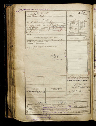 Crimet, Pierre Marie, né le 01 février 1900 à Lyon (Rhône), classe 1920, matricule n° 480, Bureau de recrutement d'Amiens
