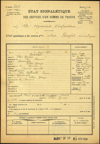 Lenglet, Aimé Eugène, né le 06 juin 1891 à Bertangles (Somme), classe 1911, matricule n° 1424, Bureau de recrutement d'Amiens