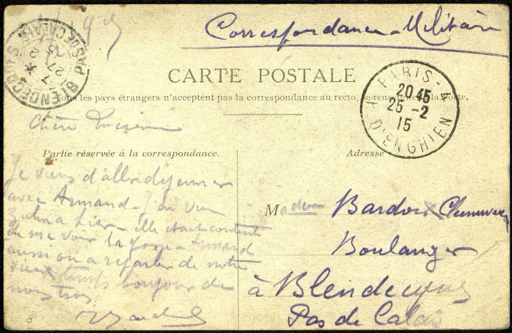 Fantassins français dans une tranchée. - Carte adressée par Victor Bardoux à son épouse Lucienne Bardoux-Cleenewerck à Blendecques (Pas-de-Calais)