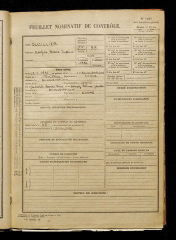 Ducillier, Adolphe Désiré Eugène, né le 28 février 1892 à Bouquemaison (Somme), classe 1912, matricule n° 38, Bureau de recrutement d'Abbeville