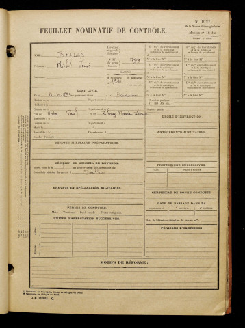 Bailly, Michel Louis, né le 22 octobre 1893 à Beauquesne (Somme), classe 1913, matricule n° 799, Bureau de recrutement d'Abbeville